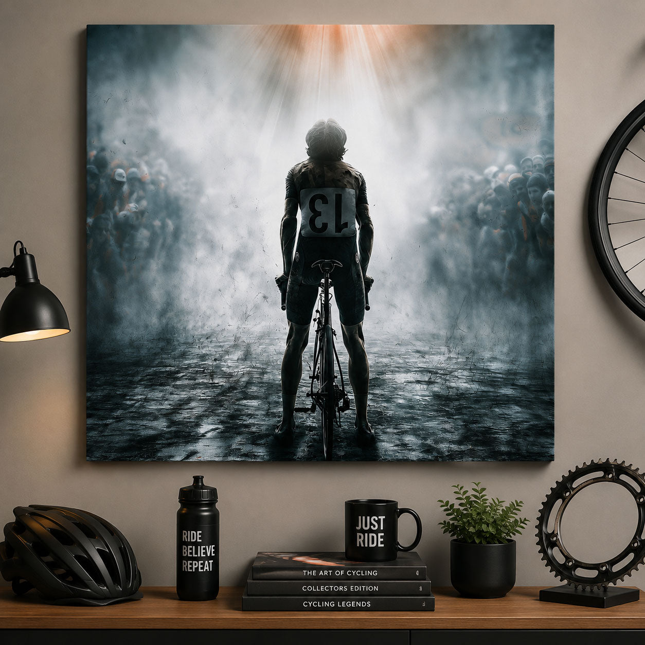 Entdecke das Leinwandbild mit der umgedrehten Startnummer 13 – inspiriert vom berühmten Aberglauben im Profiradsport. Besondere Rennradkunst für Radsportfans.