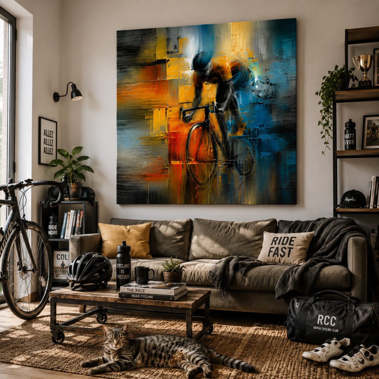 Abstraktes Rennrad Leinwandbild – Expressive Malerei voller Dynamik
