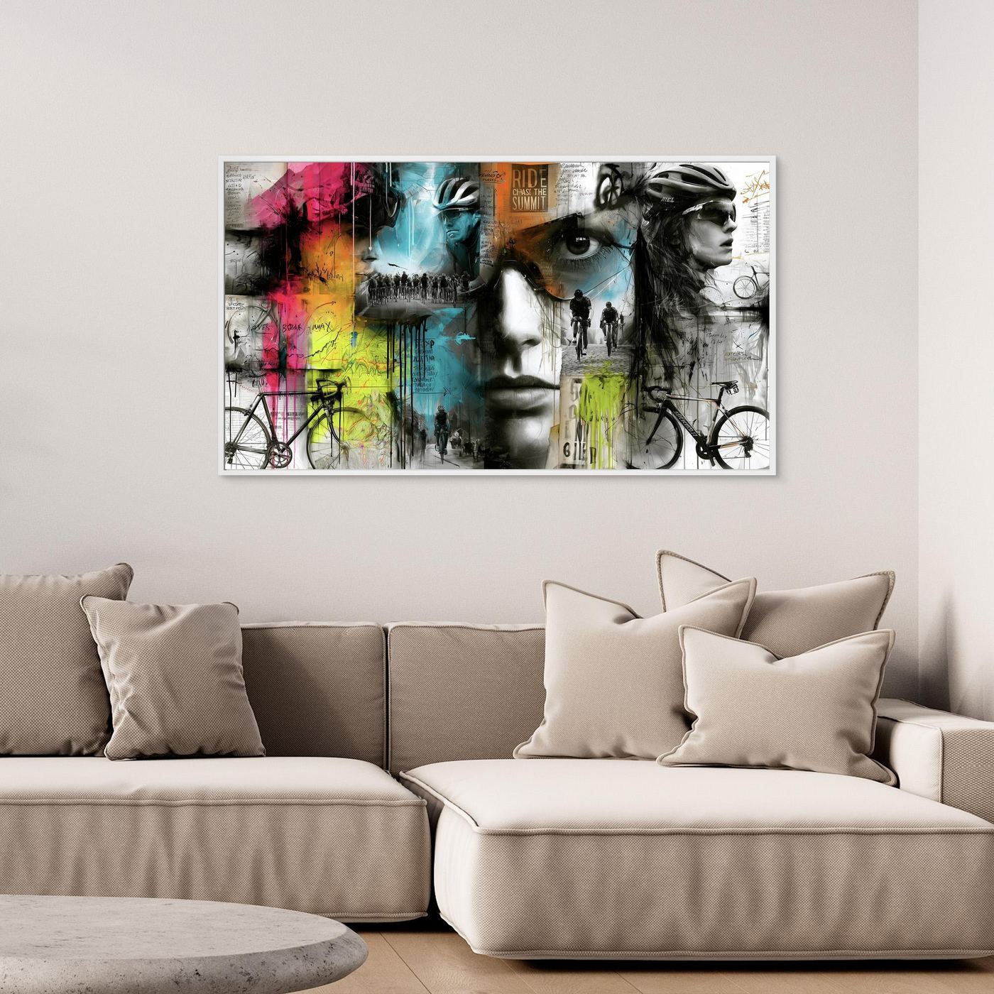 Rennrad Wohnzimmer Wandbild – Moderne Cycling Collage auf Leinwand
