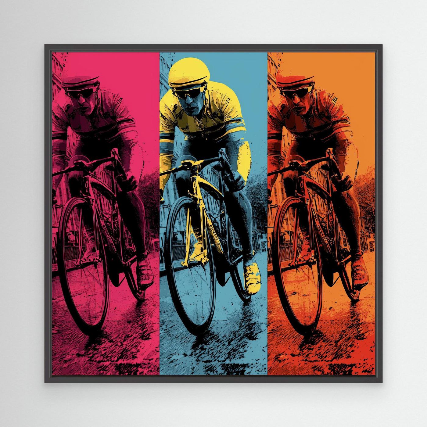 Pop-Art Rennradfahrer Trio – Radsport Leinwandbild in kräftigen Farben