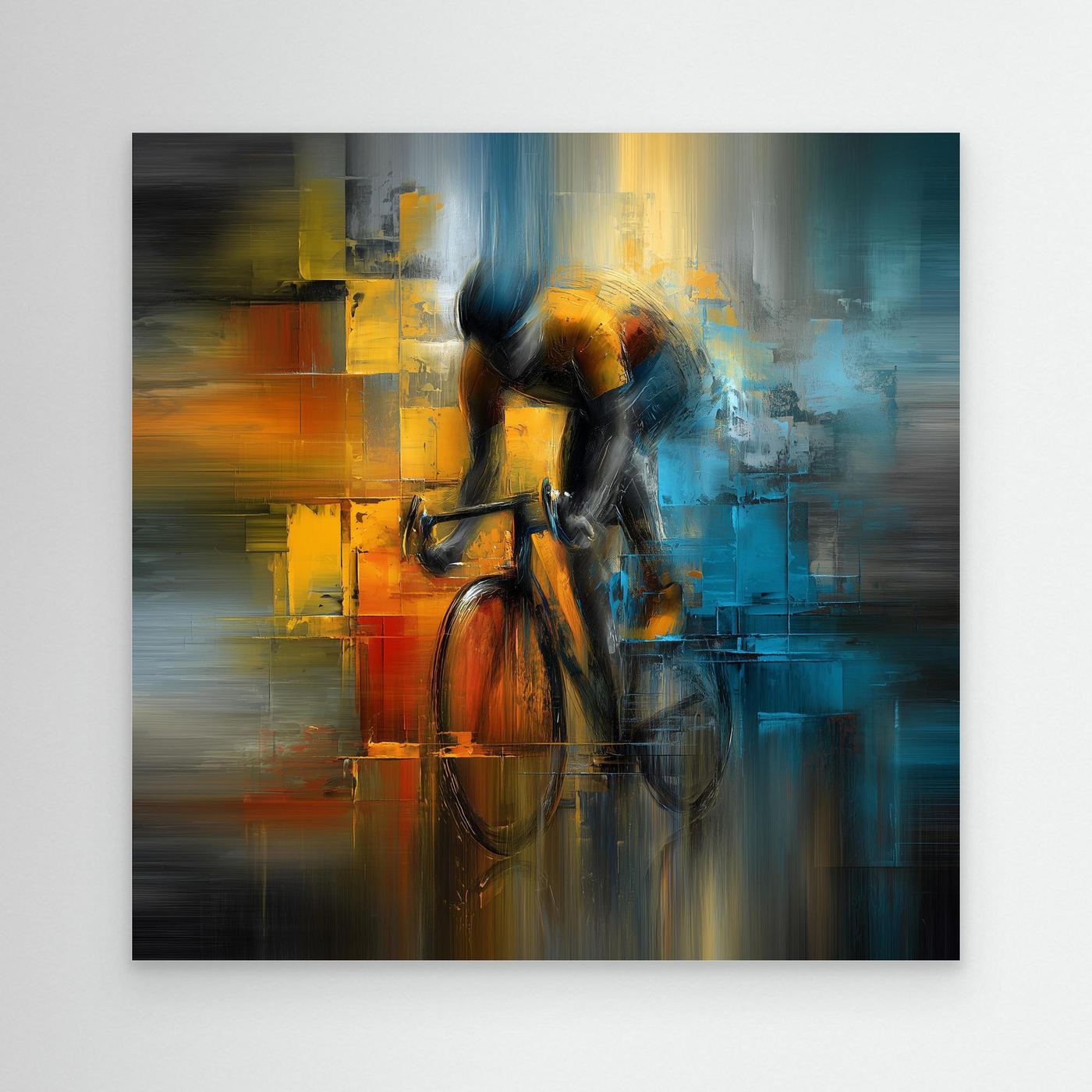 Abstraktes Rennrad Leinwandbild mit expressiver Malerei in Blau-, Orange- und Goldtönen und stilisiertem Rennradfahrer
