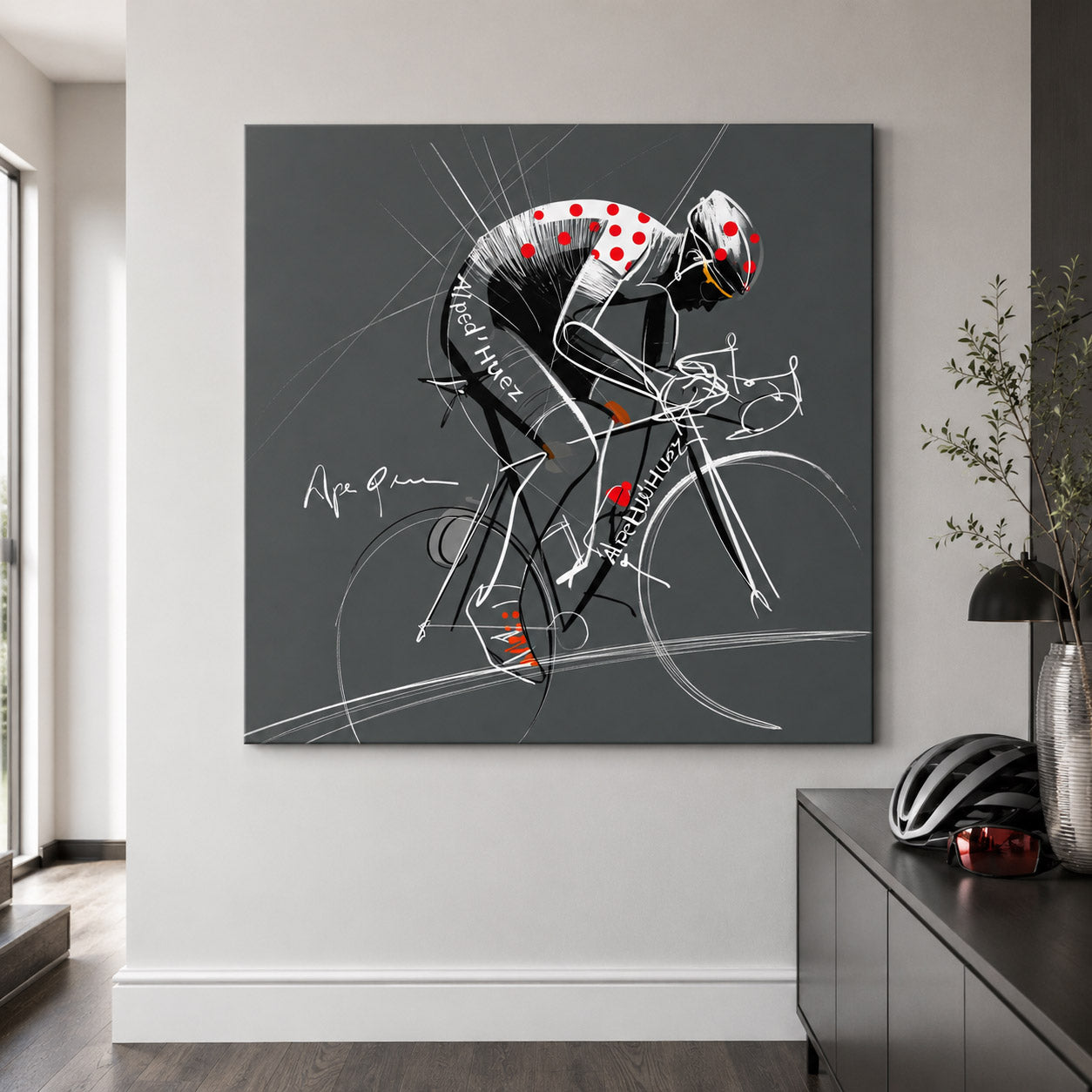 Alpe d’Huez Poster und Leinwand mit expressivem Rennradfahrer in Grau Weiß Rot als moderne Rennradkunst