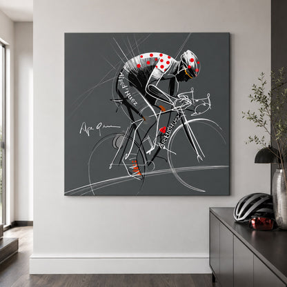 Alpe d’Huez Poster und Leinwand mit expressivem Rennradfahrer in Grau Weiß Rot als moderne Rennradkunst
