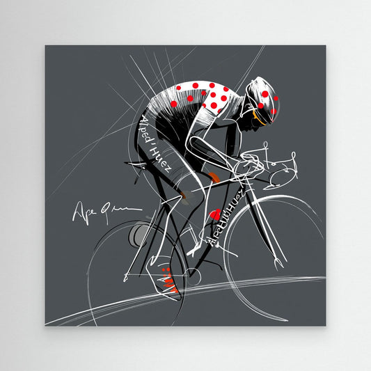 Alpe d’Huez Poster und Leinwand mit expressivem Rennradfahrer in Grau Weiß Rot als moderne Rennradkunst