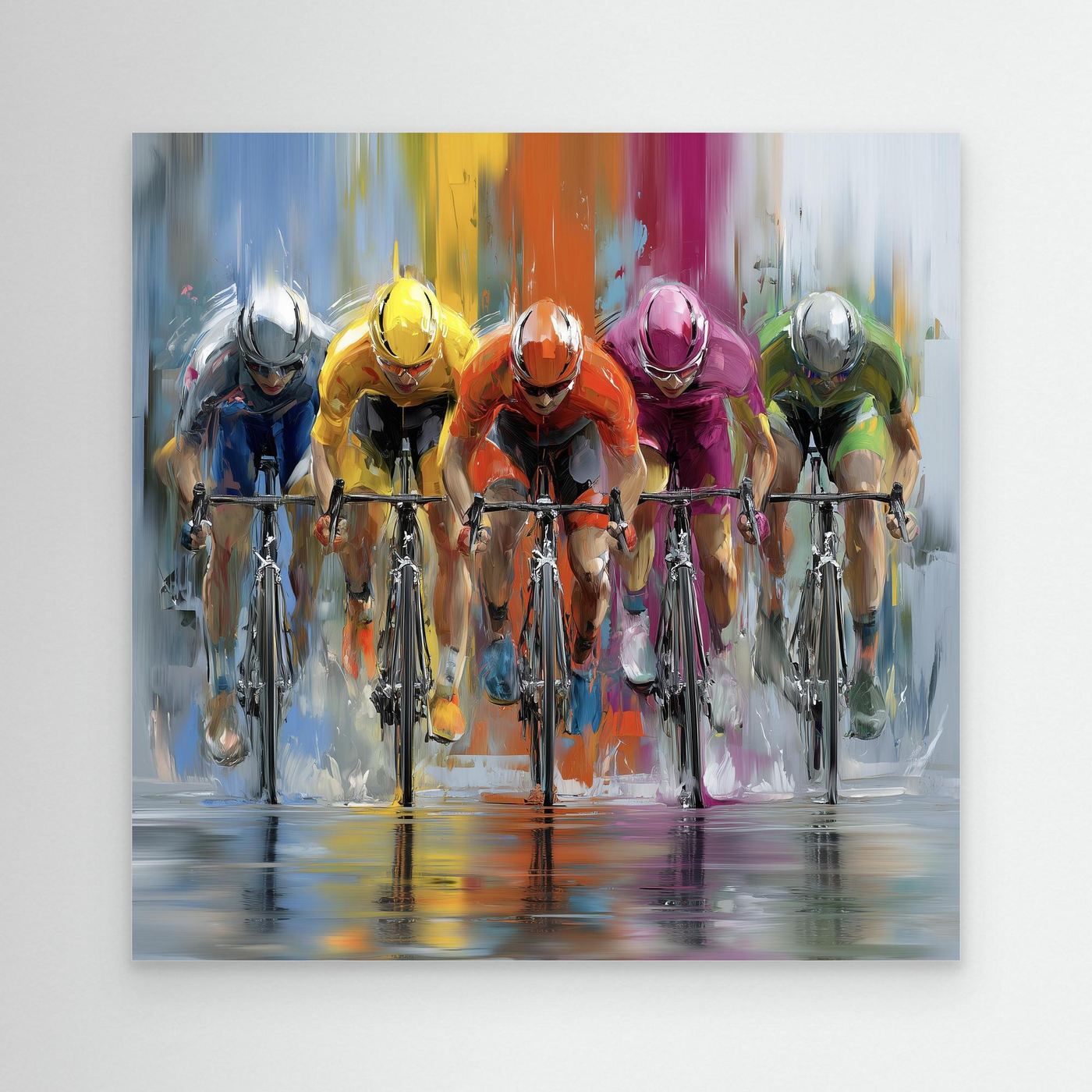 Modernes Rennrad Wandbild mit einer dynamischen Führungsgruppe. Hochwertige Leinwand oder Fine-Art-Kunstdruck für Radsportfans, Wohnräume und Homeoffice.