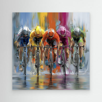 Modernes Rennrad Wandbild mit einer dynamischen Führungsgruppe. Hochwertige Leinwand oder Fine-Art-Kunstdruck für Radsportfans, Wohnräume und Homeoffice.