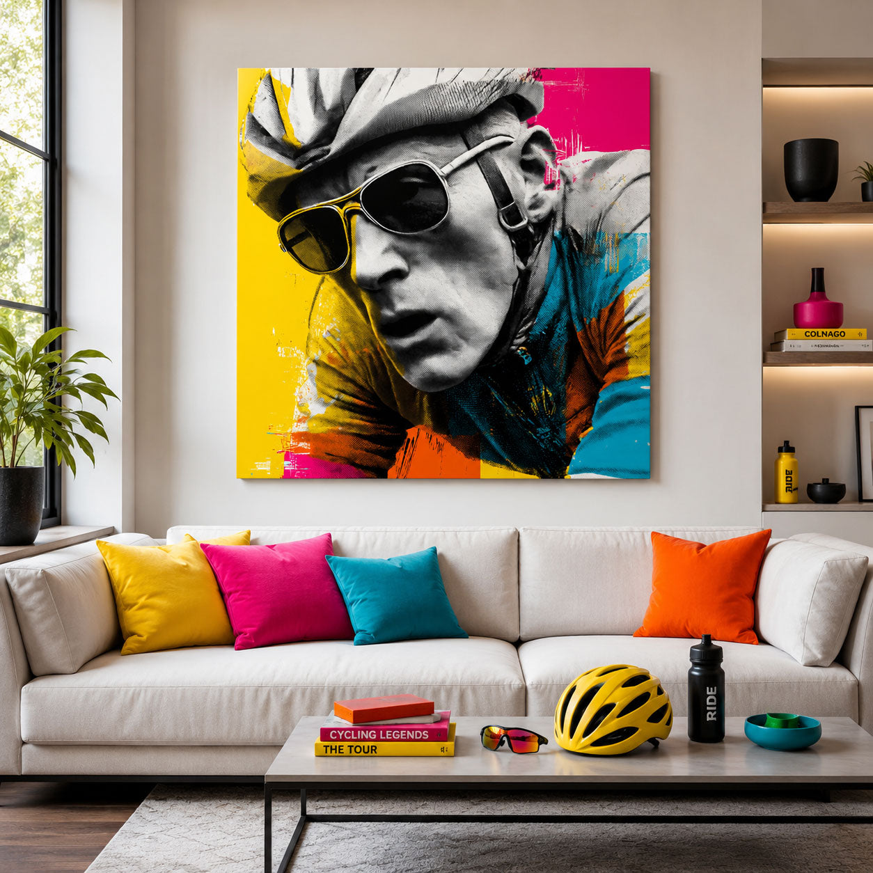 Ausdrucksstarkes Cyclist Porträt als modernes Pop-Art Leinwandbild. Intensive Farben und starke Kontraste für Wohnzimmer, Homeoffice oder Trainingsraum.