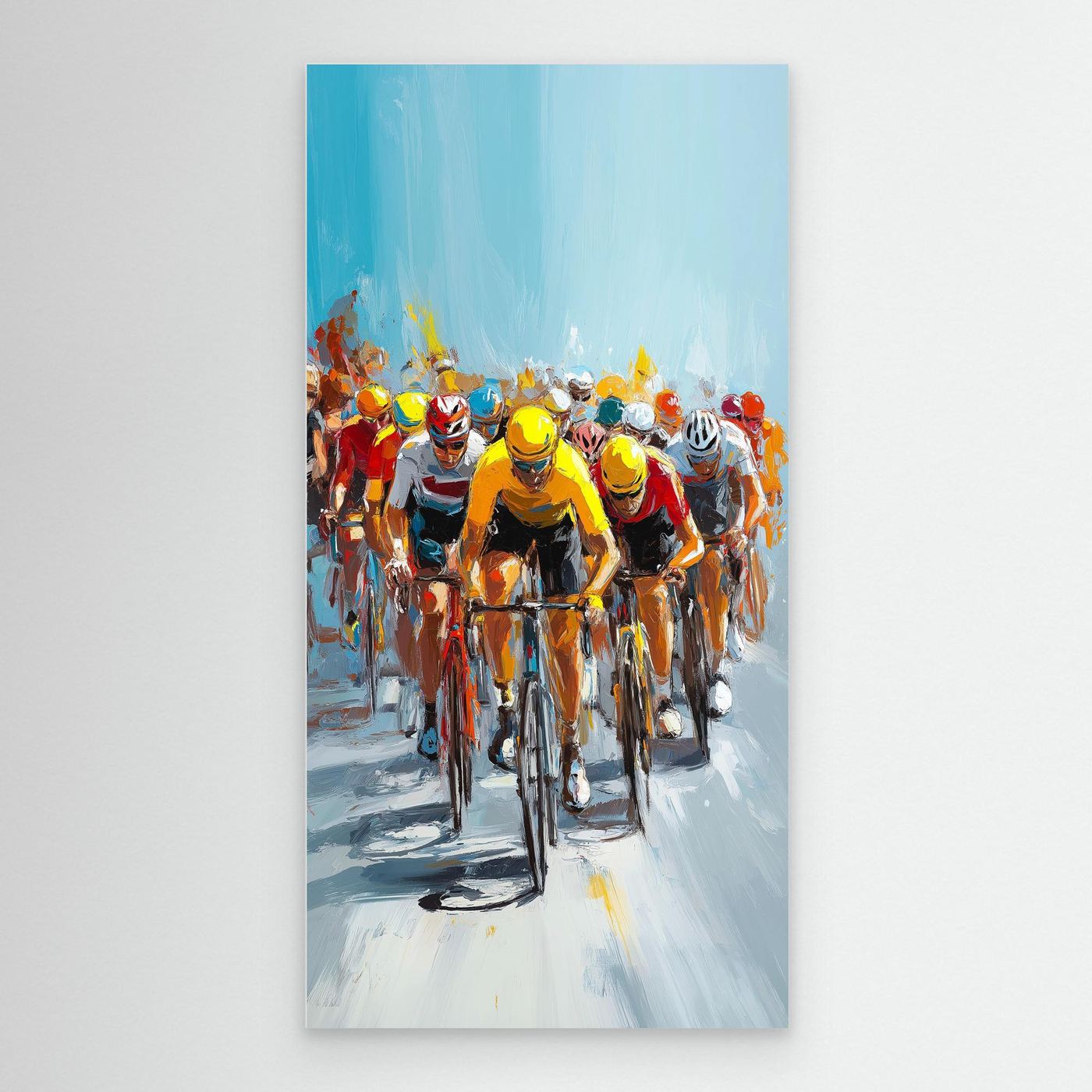 Dynamisches Peloton im Radrennen mit Fahrern in gelben und roten Trikots als moderne Rennradkunst auf Leinwand.