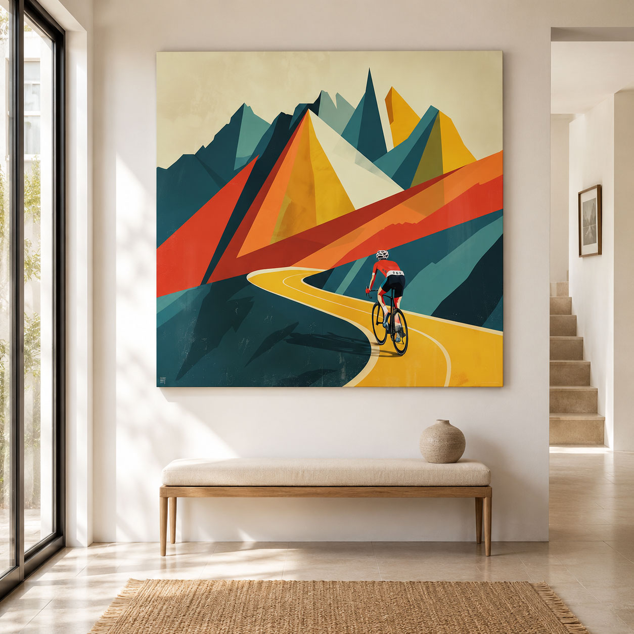 Rennrad Leinwandbild mit Solofahrer auf einer Bergstraße im modernen Bauhaus-Stil. Geometrische Rennradkunst in kräftigen Farben auf hochwertiger Leinwand.