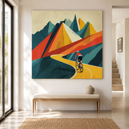 Rennrad Leinwandbild mit Solofahrer auf einer Bergstraße im modernen Bauhaus-Stil. Geometrische Rennradkunst in kräftigen Farben auf hochwertiger Leinwand.