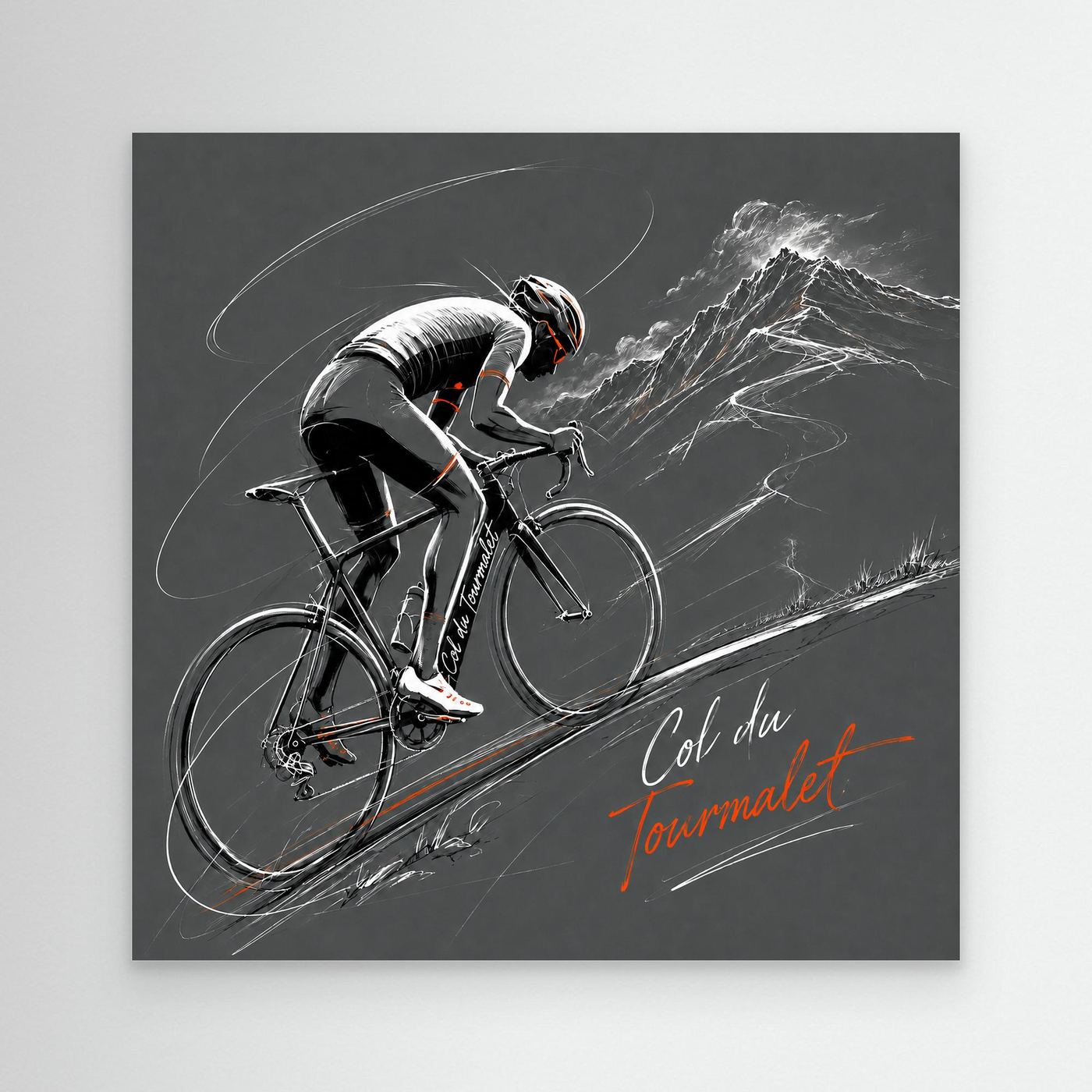 Col du Tourmalet Poster und Leinwand mit Rennradfahrer im Berganstieg in Grau Weiß und Orange als moderne Rennradkunst