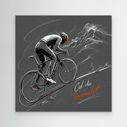 Col du Tourmalet Poster und Leinwand mit Rennradfahrer im Berganstieg in Grau Weiß und Orange als moderne Rennradkunst