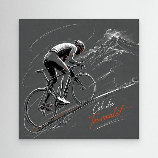 Col du Tourmalet Poster und Leinwand mit Rennradfahrer im Berganstieg in Grau Weiß und Orange als moderne Rennradkunst