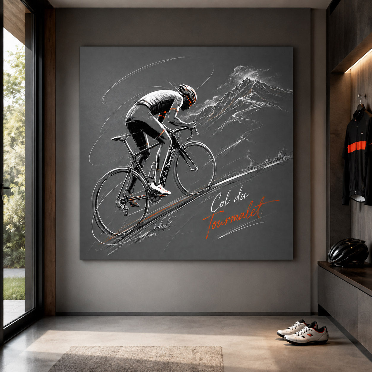 Col du Tourmalet Poster und Leinwand mit Rennradfahrer im Berganstieg in Grau Weiß und Orange als moderne Rennradkunst