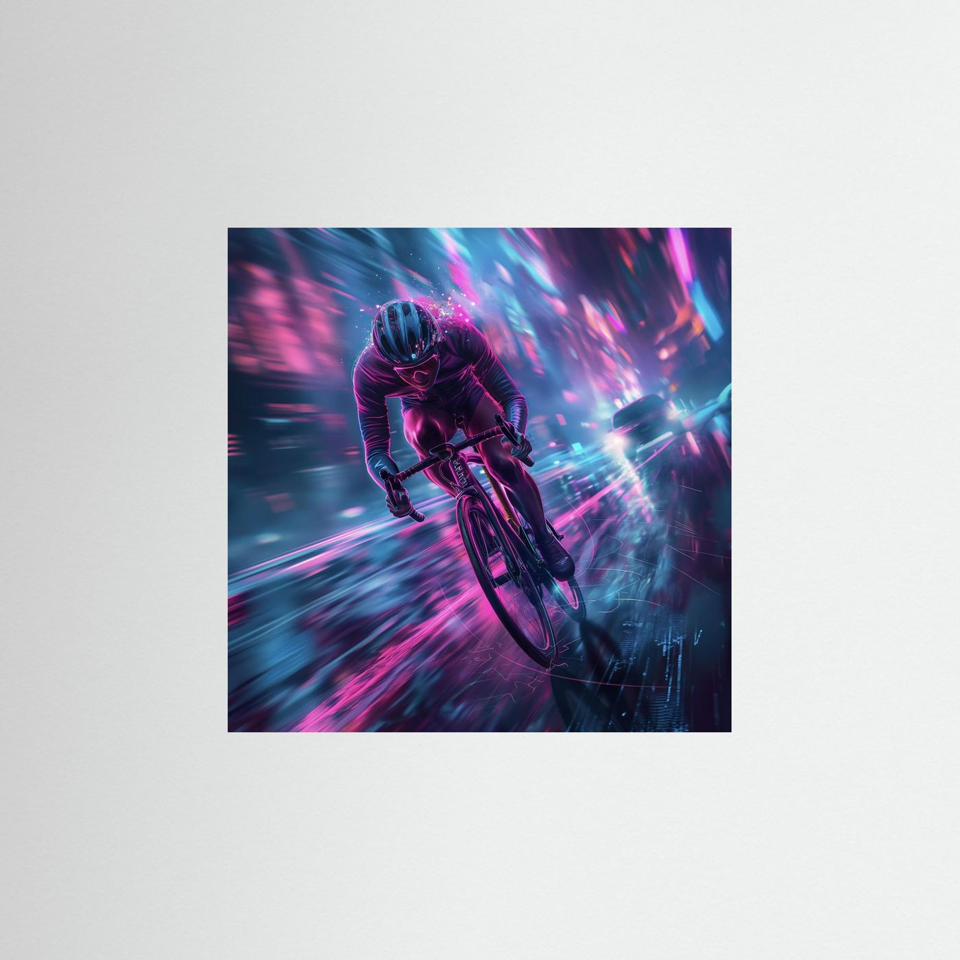 Futuristische Rennradkunst mit Rennradfahrer in pink-blauer Neonwelt voller Geschwindigkeit und Dynamik