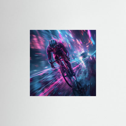 Futuristische Rennradkunst mit Rennradfahrer in pink-blauer Neonwelt voller Geschwindigkeit und Dynamik