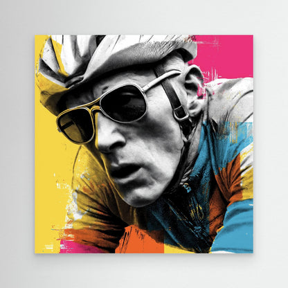 Ausdrucksstarkes Cyclist Porträt als farbenfrohes Pop-Art Cycling Leinwandbild mit Rennradfahrer, Helm und Sportbrille