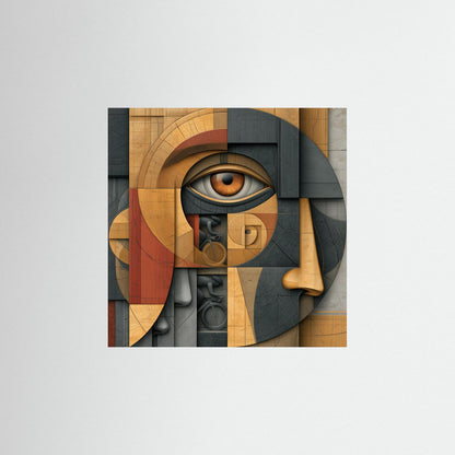 Ein abstraktes geometrisches Gesicht mit einem zentralen Auge verbindet moderne Kunst mit versteckten Rennrad-Elementen. Warme Holzfarben, kreisförmige Formen und architektonische Strukturen schaffen eine außergewöhnliche Komposition voller Symbolik und Tiefe.