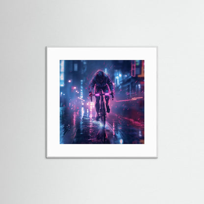 Rennradfahrer bei Nacht im Regen mit pinken und blauen Neonlichtern als moderne Rennradkunst