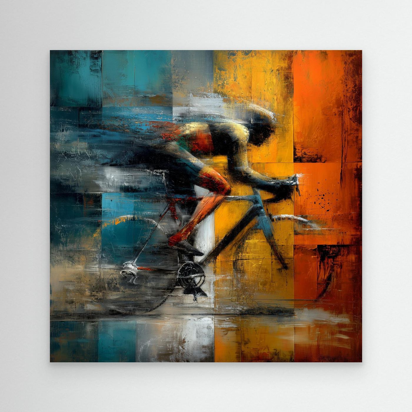 Expressive Rennrad Kunst mit abstraktem Rennradfahrer in Orange, Gold und Türkis auf quadratischer Leinwand