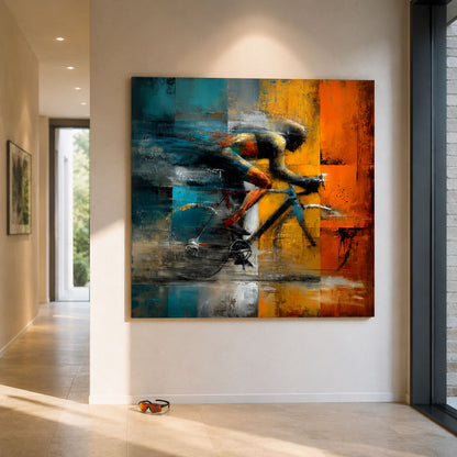 Expressive Rennrad Kunst mit abstraktem Rennradfahrer in Orange, Gold und Türkis auf quadratischer Leinwand