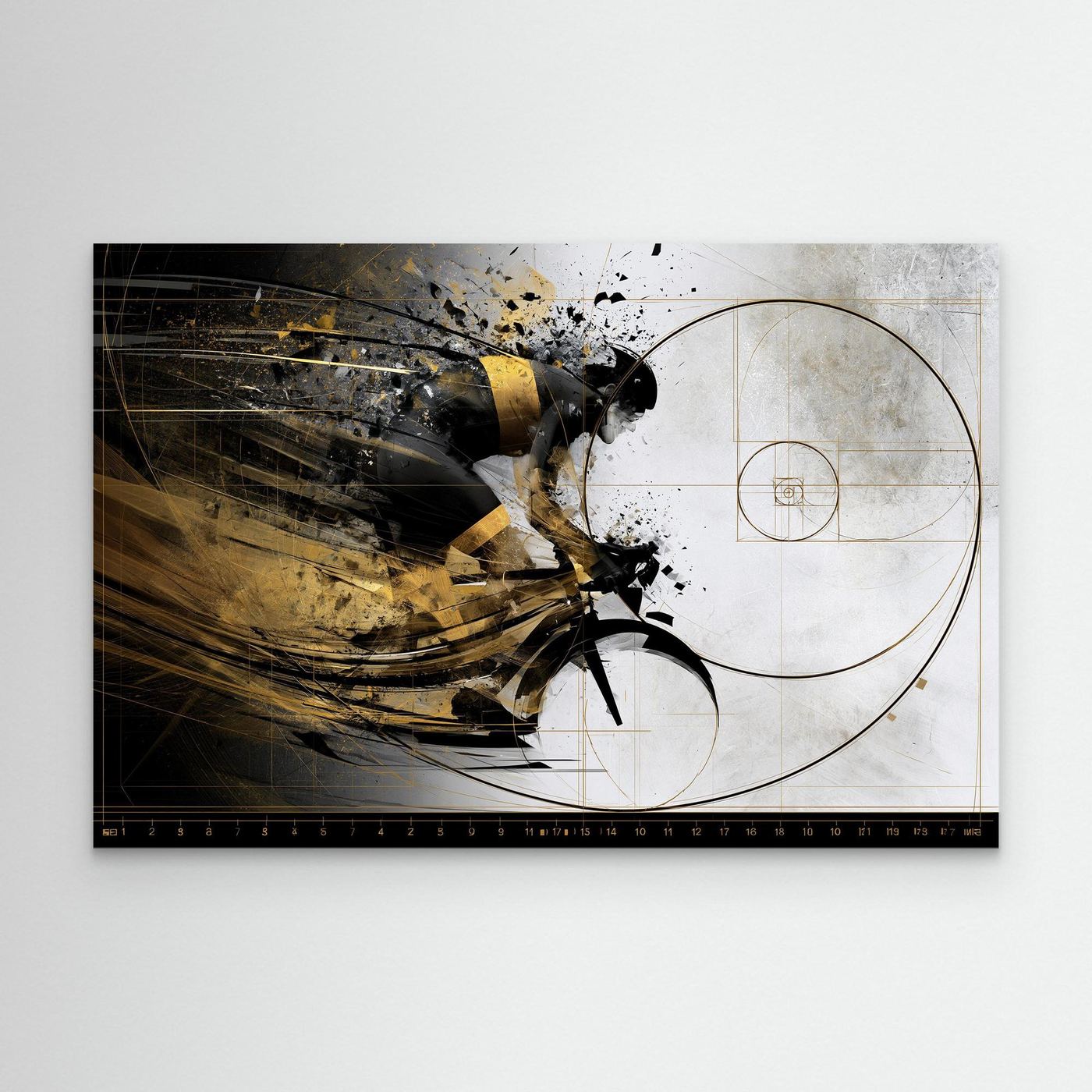 Abstraktes Rennrad Leinwandbild mit goldener Fibonacci-Spirale und dynamischem Radfahrer in Schwarz-Weiß-Gold