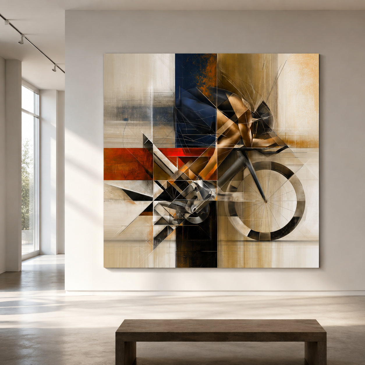 Kubistischer Rennradfahrer und Rennrad aus geometrischen Formen in Marineblau, Beige, Goldocker und Rostrot als modernes Radsport Wandbild