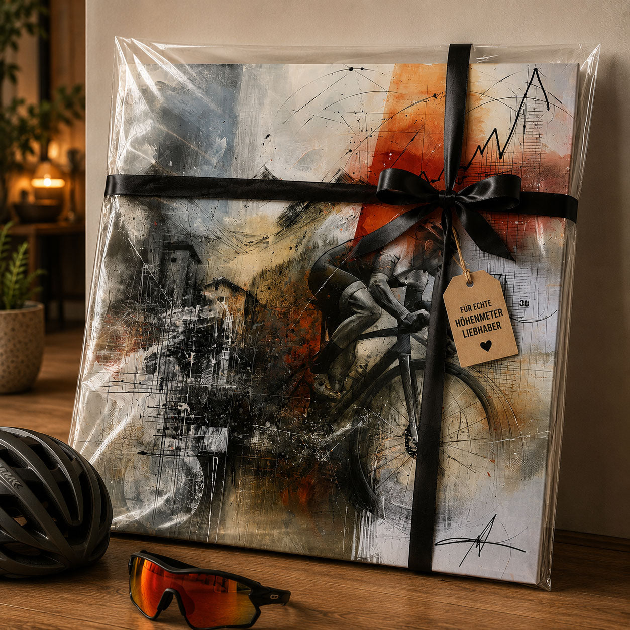 Geschenk für Rennradfahrer – Leinwandbild Alpenanstieg mit abstrakter Radsportkunst und Rennradfahrer am Berg
