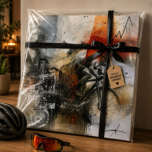 Geschenk für Rennradfahrer – Leinwandbild Alpenanstieg mit abstrakter Radsportkunst und Rennradfahrer am Berg
