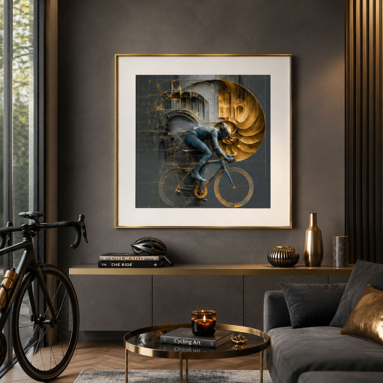 Rennradfahrer mit goldener Fibonacci-Spirale als moderner Fine-Art-Kunstdruck