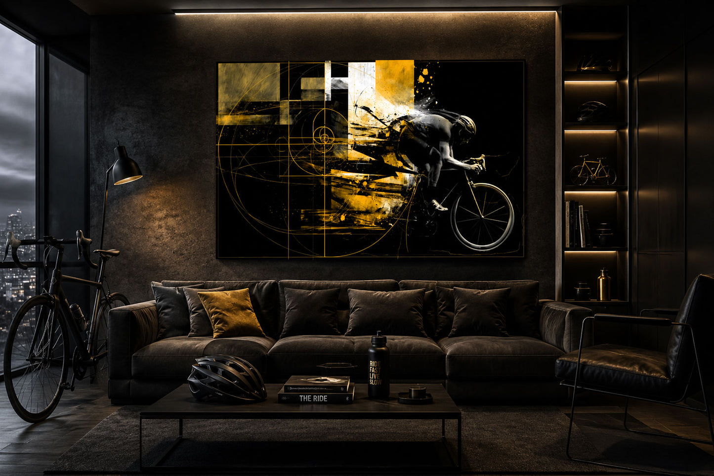 Golden Velocity Rennradkunst Leinwand | Abstraktes Rennrad Wandbild