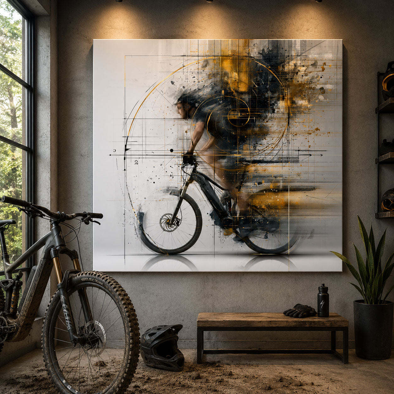 Modernes E-Bike Leinwandbild mit abstrakten Goldlinien und dynamischem Fahrer in geometrischem Design