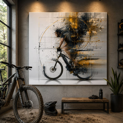 Modernes E-Bike Leinwandbild mit abstrakten Goldlinien und dynamischem Fahrer in geometrischem Design