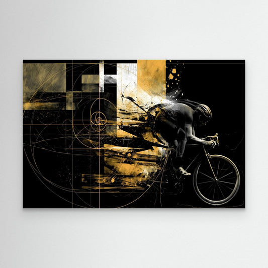 Dynamisches Rennrad Leinwandbild in Schwarz und Gold mit Fibonacci-Spirale. Moderne Rennradkunst für Wohnzimmer, Büro, Trainingsraum und Bike-Cave.