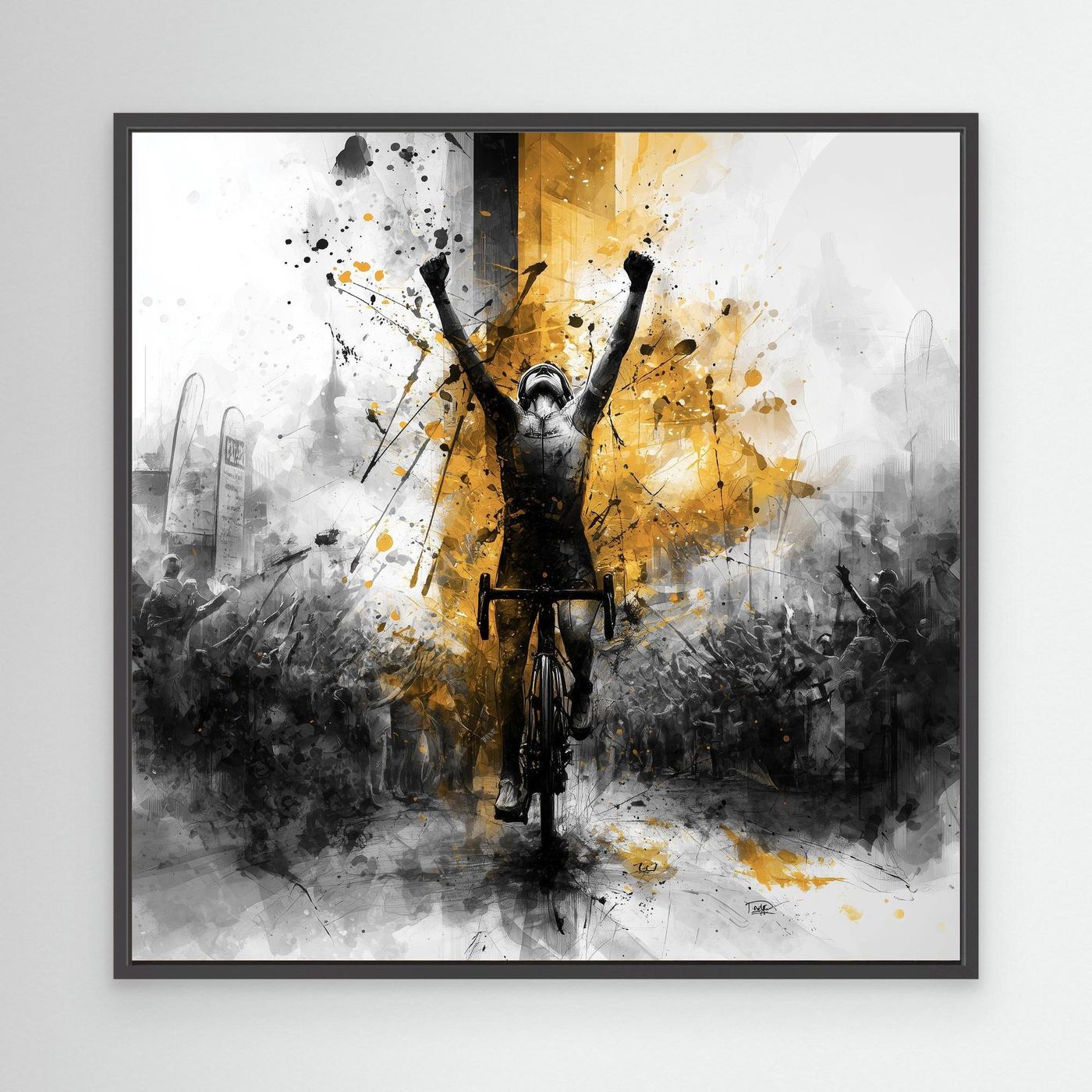 Goldener Triumph als Rennrad Leinwandbild mit jubelndem Sieger in Schwarz-Weiß und goldenen Farbakzenten.