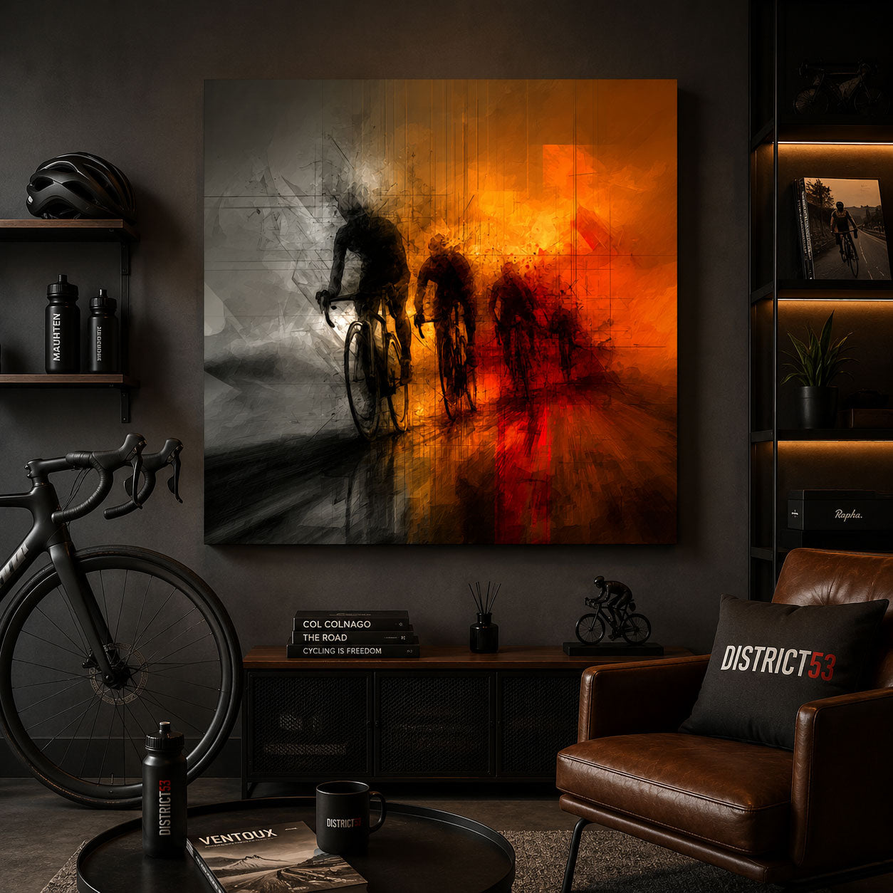 Modernes quadratisches Leinwandbild für Rennradfahrer. Heatwave Ride zeigt die Kraft einer sommerlichen Ausfahrt in ausdrucksstarker Rennradkunst – hochwertig gedruckt auf Premium-Leinwand.