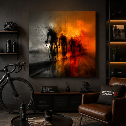 Modernes quadratisches Leinwandbild für Rennradfahrer. Heatwave Ride zeigt die Kraft einer sommerlichen Ausfahrt in ausdrucksstarker Rennradkunst – hochwertig gedruckt auf Premium-Leinwand.