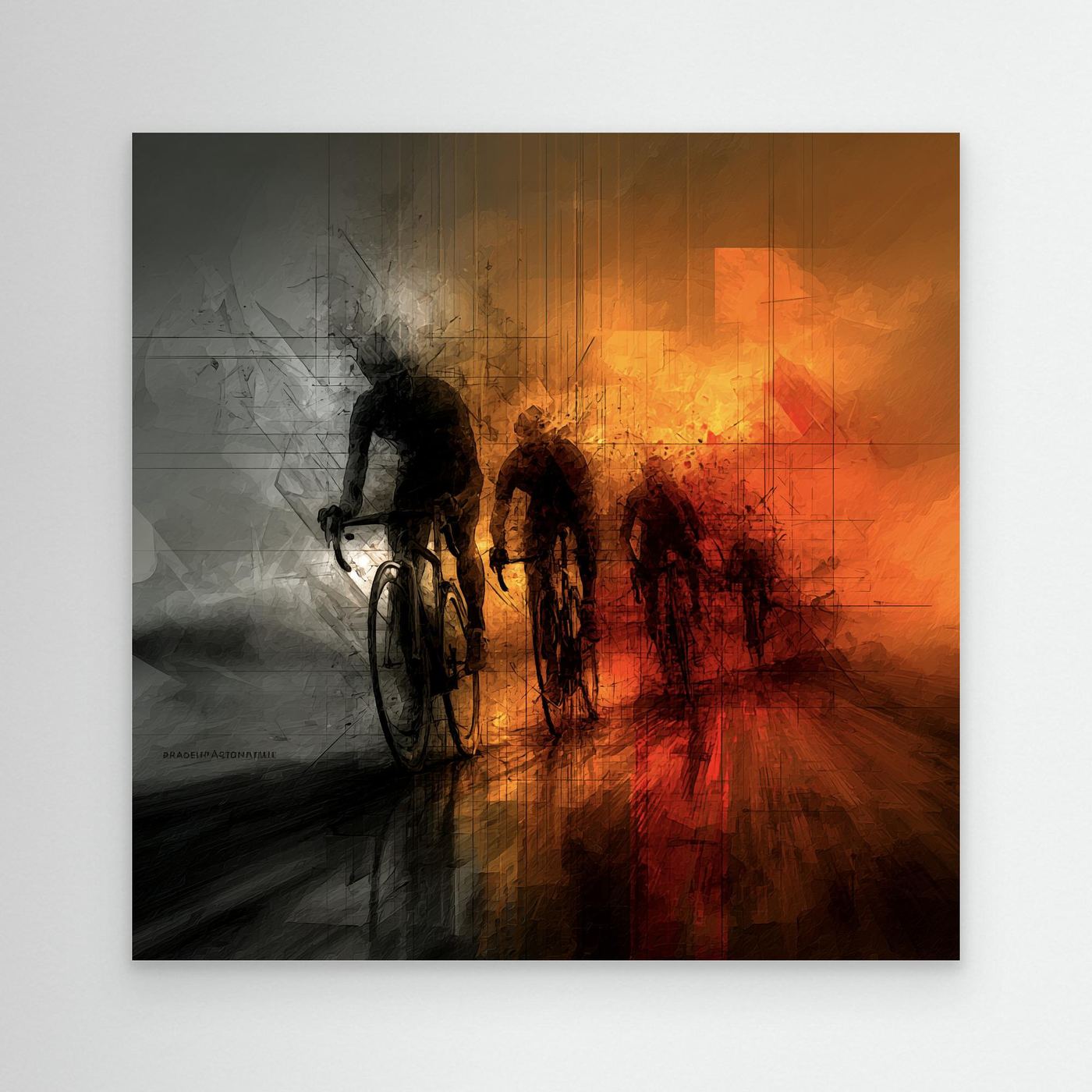 Modernes quadratisches Leinwandbild für Rennradfahrer. Heatwave Ride zeigt die Kraft einer sommerlichen Ausfahrt in ausdrucksstarker Rennradkunst – hochwertig gedruckt auf Premium-Leinwand.