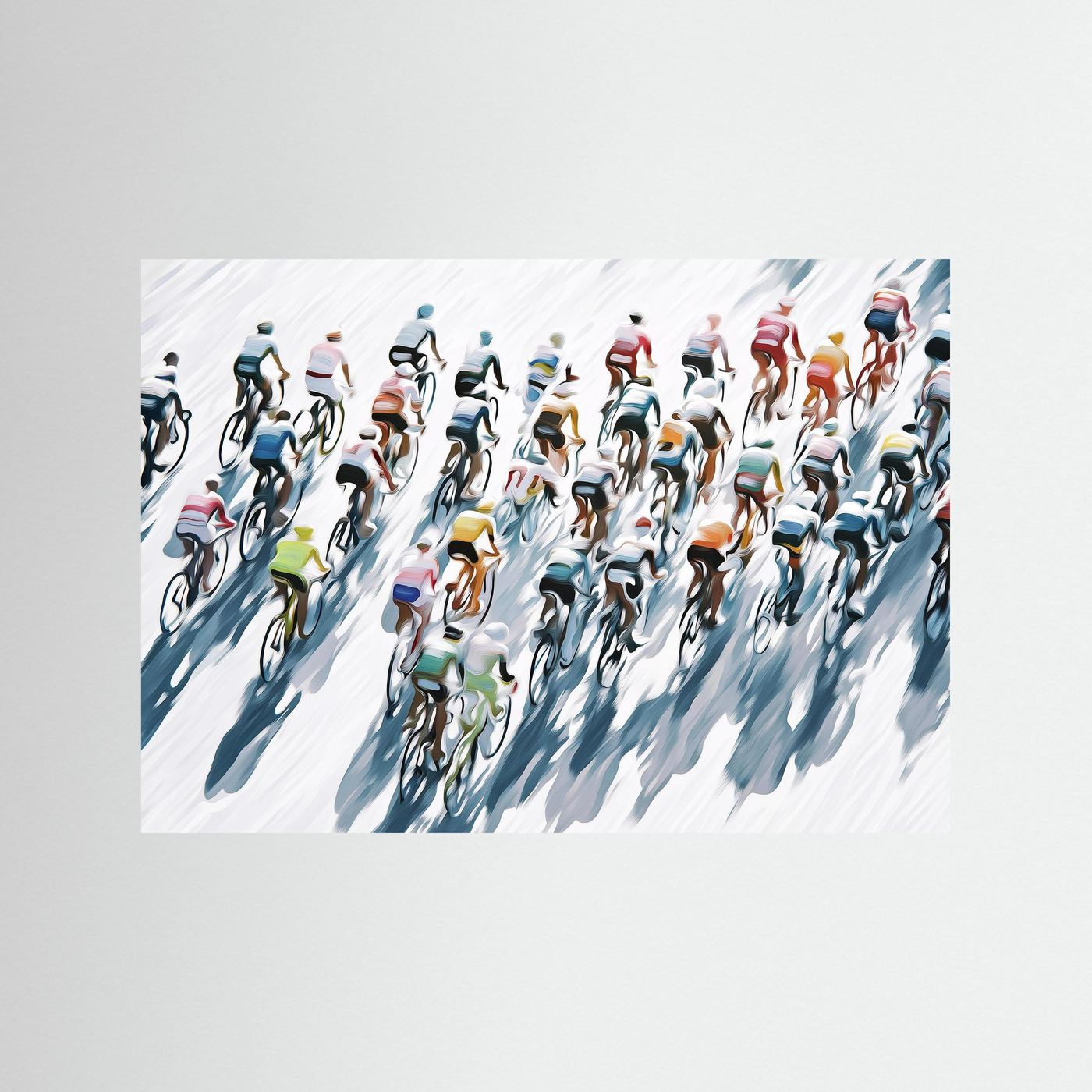 Großes Rennrad-Peloton aus der Vogelperspektive mit langen Schatten als moderne Rennradkunst
