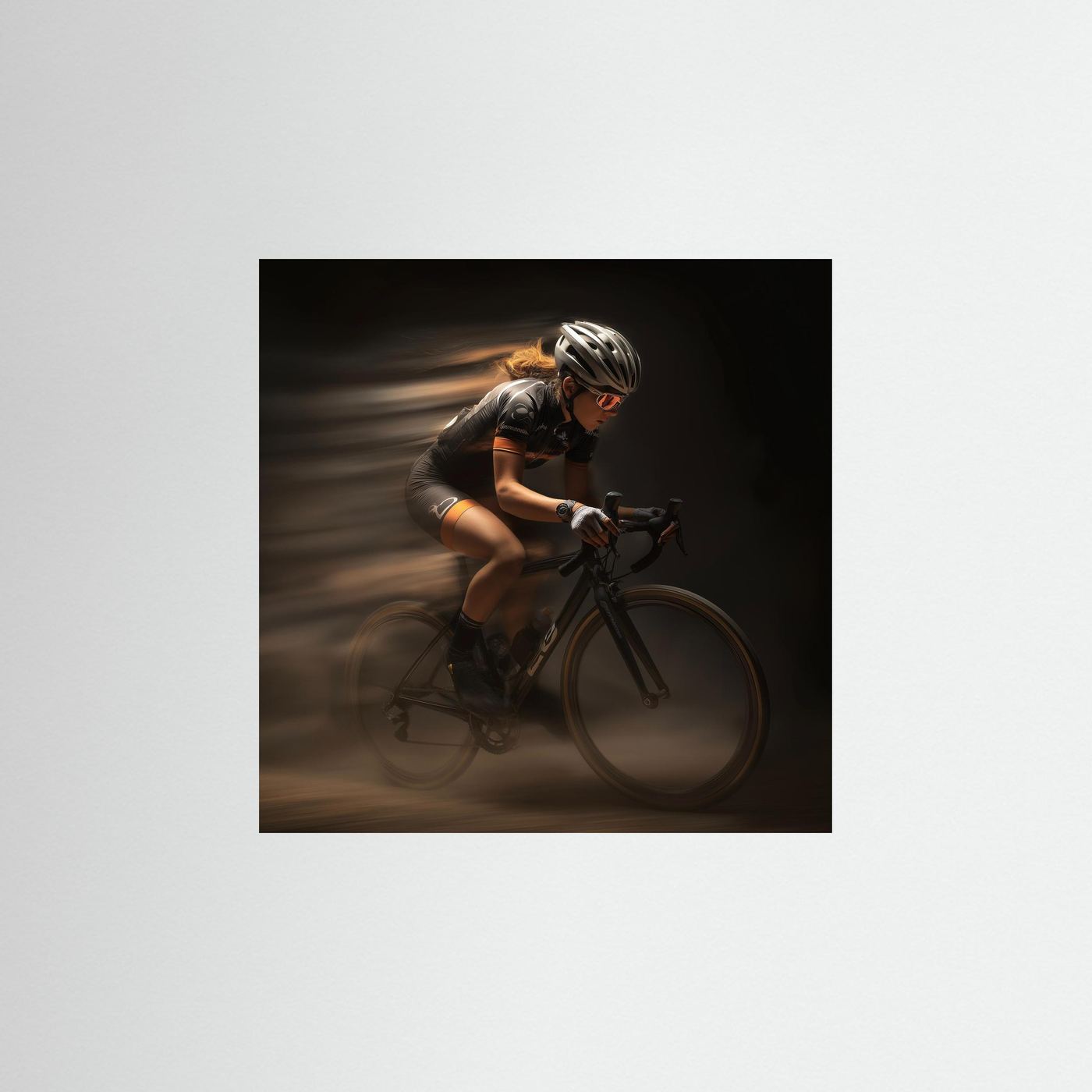 Elegante Rennradkunst mit einer fokussierten Rennradfahrerin in Bewegung. Hochwertiger Fine-Art-Druck für Rennradfahrerinnen, Triathletinnen und Radsportfans.