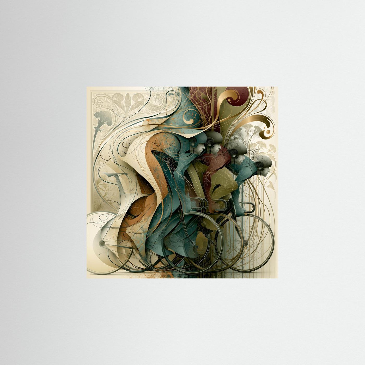 Jugendstil Peloton Kunstdruck mit mehreren Rennradfahrern und geschwungenen Ornamenten in Petrol, Creme, Ocker und Bordeaux