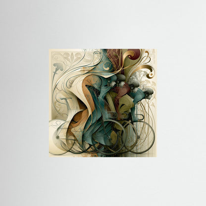 Jugendstil Peloton Kunstdruck mit mehreren Rennradfahrern und geschwungenen Ornamenten in Petrol, Creme, Ocker und Bordeaux