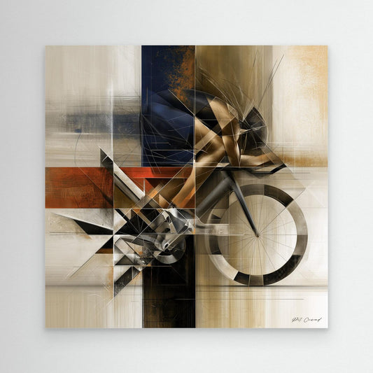 Kubistischer Rennradfahrer und Rennrad aus geometrischen Formen in Marineblau, Beige, Goldocker und Rostrot als modernes Radsport Wandbild