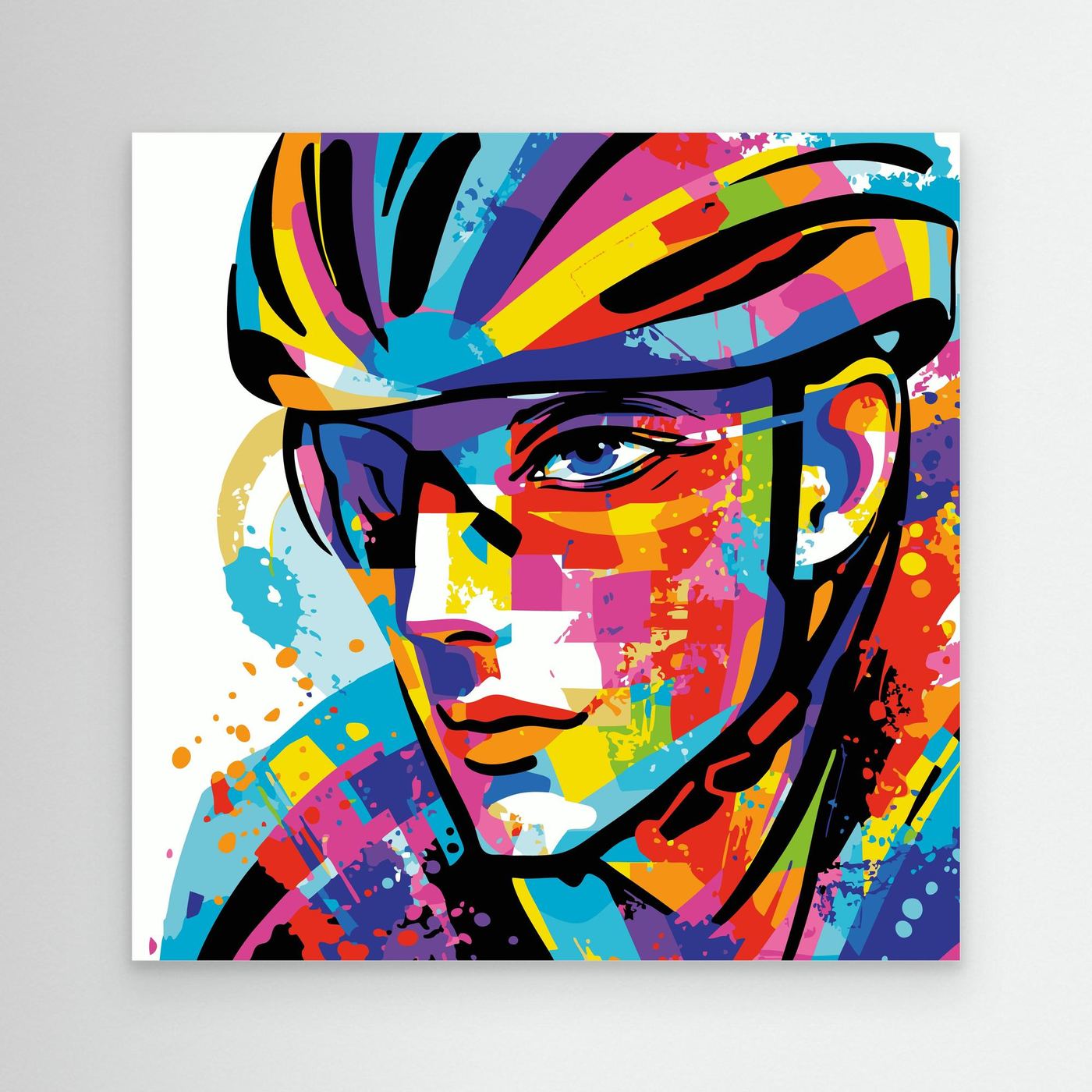 Leinwandbild Rennradfahrerin im modernen Pop-Art-Stil – farbenfrohes Rennrad Wandbild für Wohnzimmer, Homeoffice und Trainingsraum