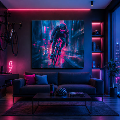 Neon Sprint – Cyberpunk Rennradkunst auf Leinwand