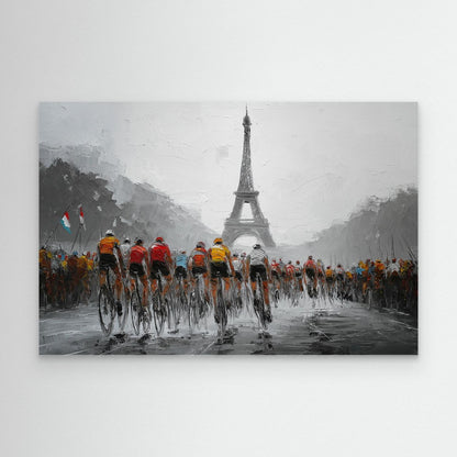 Rennrad Peloton vor dem Eiffelturm in Paris als hochwertiges Leinwandbild für Radsportfans und Liebhaber der Tour de France.