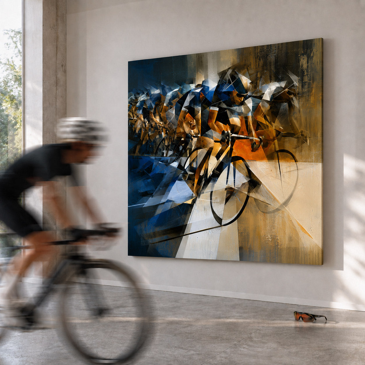 Kubistisches Peloton-Wandbild auf Leinwand: modernes Rennradmotiv mit kräftigen Farben, HP-Latex-Druck, UV-Schutz und 4 cm Holzrahmen.