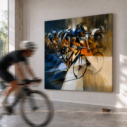Kubistisches Peloton-Wandbild auf Leinwand: modernes Rennradmotiv mit kräftigen Farben, HP-Latex-Druck, UV-Schutz und 4 cm Holzrahmen.