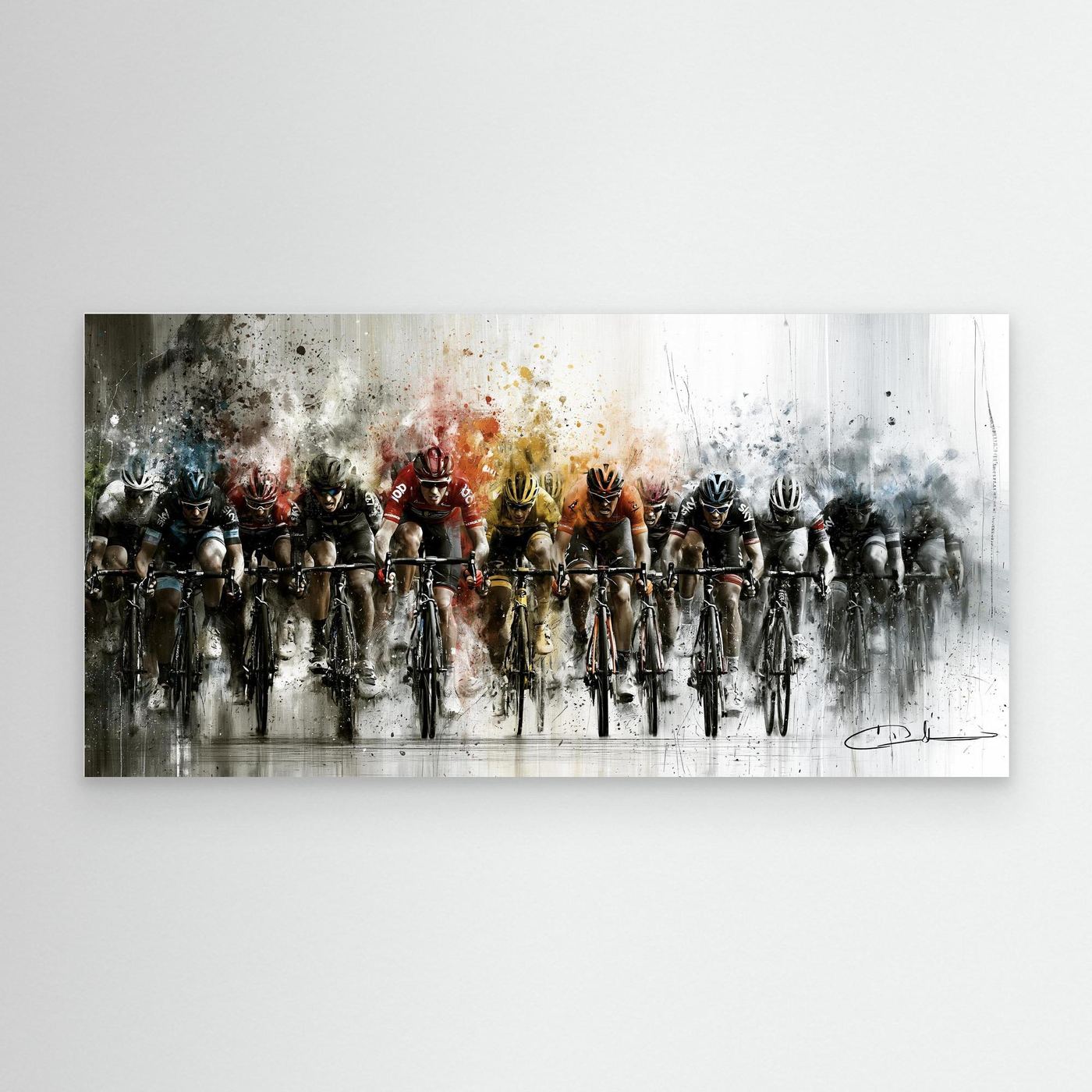 Dynamisches Rennrad Leinwandbild mit angreifendem Peloton, expressiver Farbgestaltung und voller Rennsport-Energie.