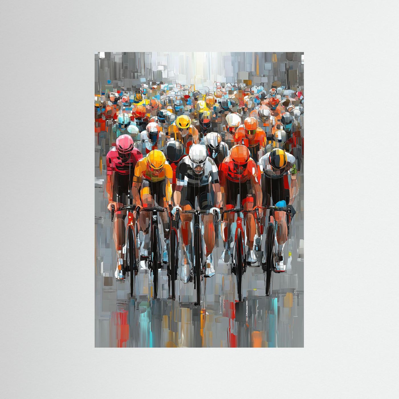 Dynamisches Peloton mit farbenfrohen Rennradfahrern in moderner abstrakter Kunstdarstellung